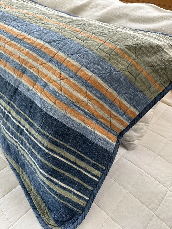 Almohada acolchada a rayas Eddie Bauer Home tamaño king size 100 % algodón azul verde Foto 3 de 4