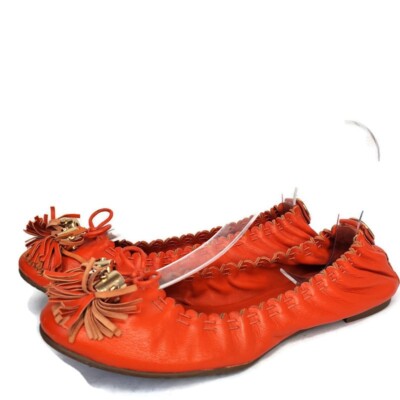 Tory Burch Womens M Reese Soft Orange Leather Stretch Bow Tassel Ballet  Flats