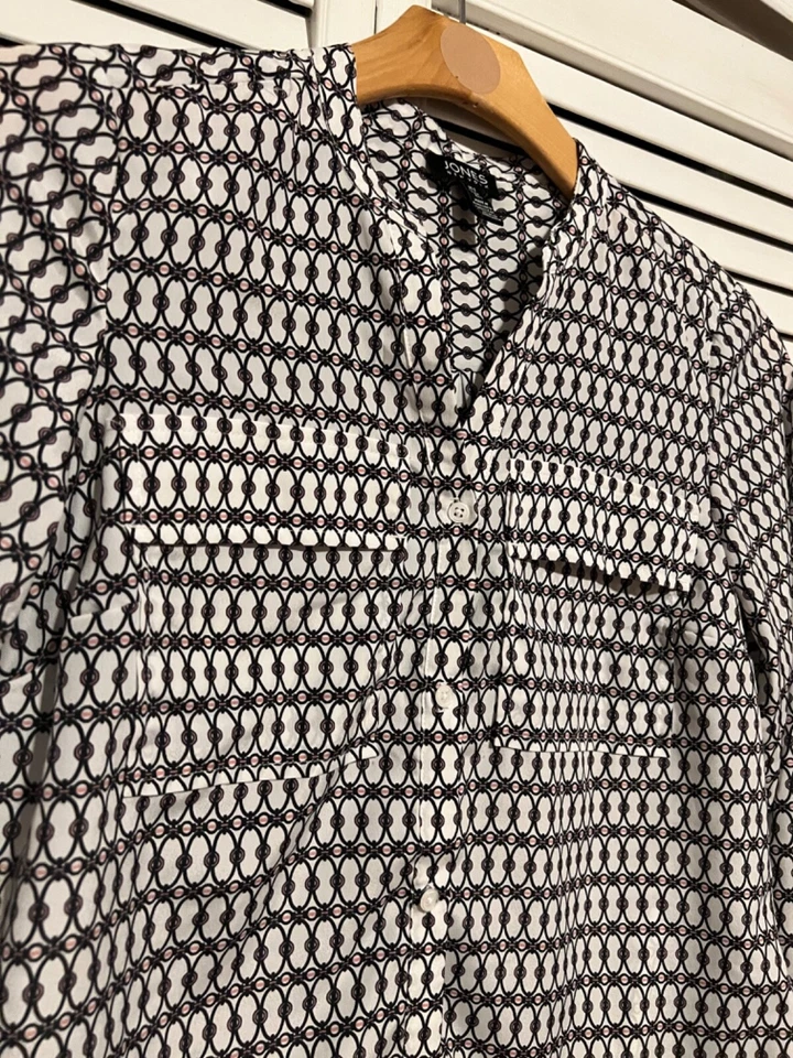 Camisa Blusa Top JONES NEW YORK Para Mujer Talla Pequeña S Manga con Pestaña Enrollada Estampado Negro Foto 2 de 4