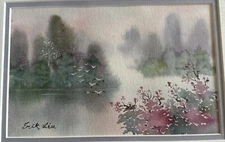 Erik Liu Original Watercolor Painting Art Framed Signed Landscape Birds on Water