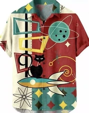 Shirt Size Xl Men Button Down cat Bowling Shirt New
