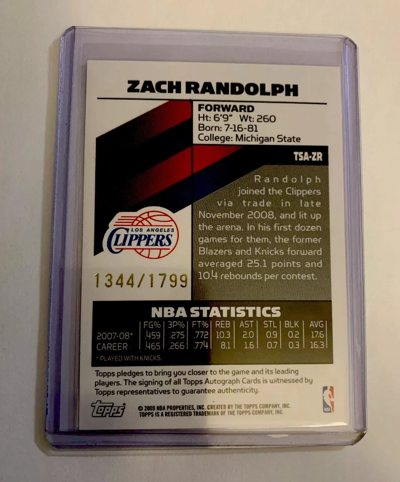 Topps Signature, Autograph, Zach Randolph, Clippers, #TSA-ZR, N/M Condition - Image 2 of 2