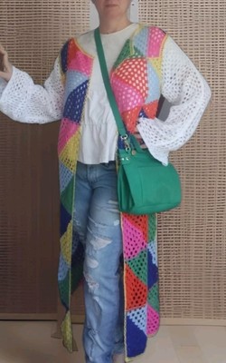 New Triangle Multicolor Crochet Long Cardigan Sweater Lightweight Soft Sz XL