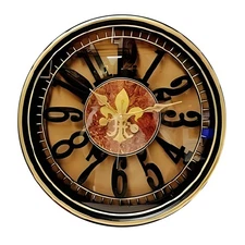 18"H Metallic Gold on Black, Vintage-Inspired Fleur-de-lis Round Wall Clock