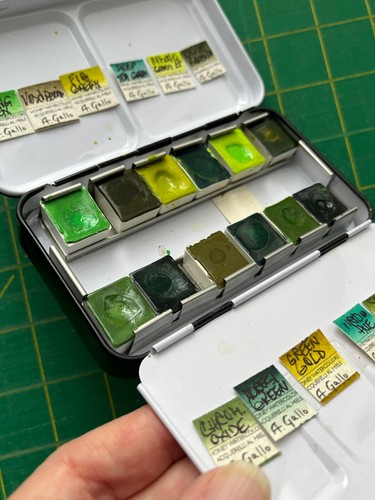 A. Gallo Honey Watercolors Tin | 12 Half Pans in Greens | Handmade in Italy