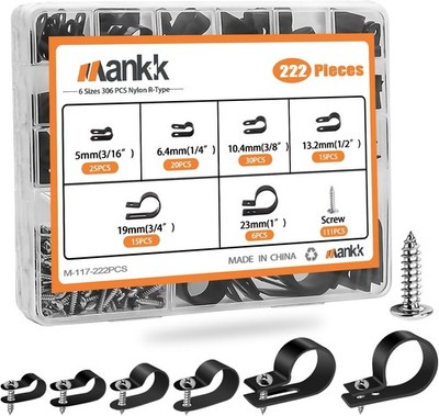222PCS Cable Clips Wire Clips Assortment Kit Nylon Plastic R-Type Cable Clamps 6