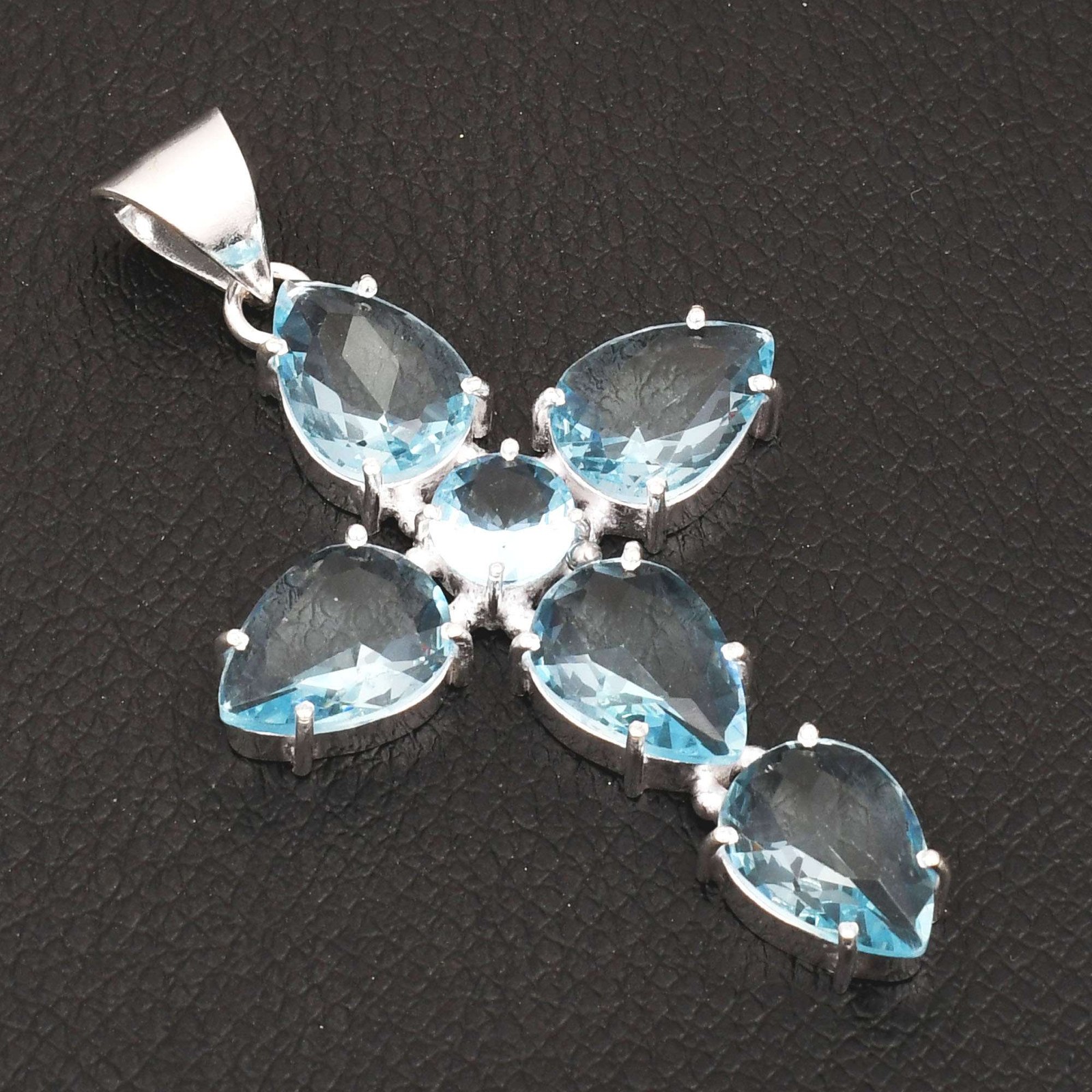 Blue Topaz Gemstone Handmade Cross Pendant Jewelry Gift 2.6 Inches AP-30727