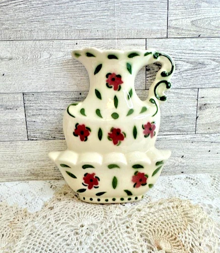 Vintage USA Hull Pottery Burgandy Floral Hanging Wall Pocket Vase 6" Tall