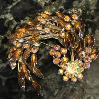 Vntg DAZZLING Amber +A/B Rhinestones Layered Curled Comet 2 1/2'' Brooch MINT 9.9