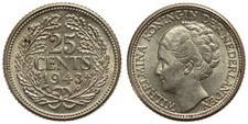 Netherlands - 25 Cents 1943-P - Wilhelmina, Silver