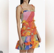 Farm Rio Vibrant Multicolor Floral  Tropical Sunset Smocked Tiered Dress  Large