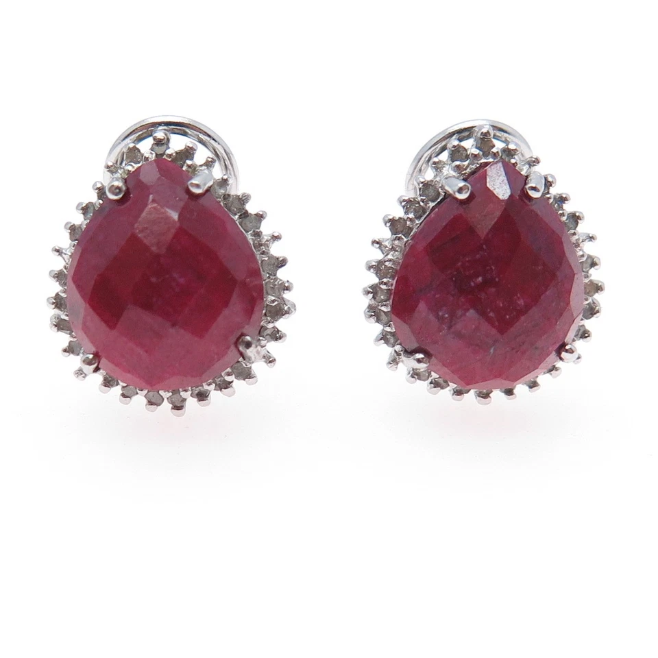 925 Sterling Silver Real Diamond & Pear-Cut Ruby Omega Back Earrings - Image 4 of 4