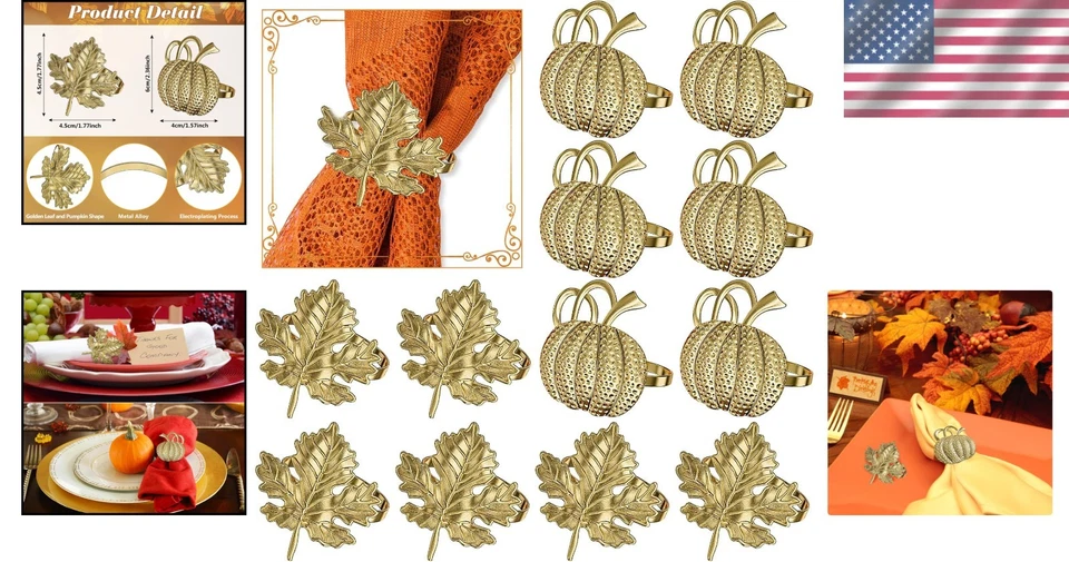 Set 12 Anelli Tovagliolo Autunno Ringraziamento Decorazione Tavola Foglia Zucca Metallo Oro - Immagine 2 di 4