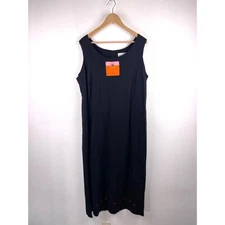 Vintage AKC Womens 1X Black Linen Sleeveless Embroidered Maxi Shift Dress Modest