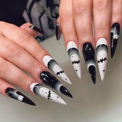 48Pcs-Long Stiletto Black White Gradient Bat Star Cloud Halloween Press on Nails