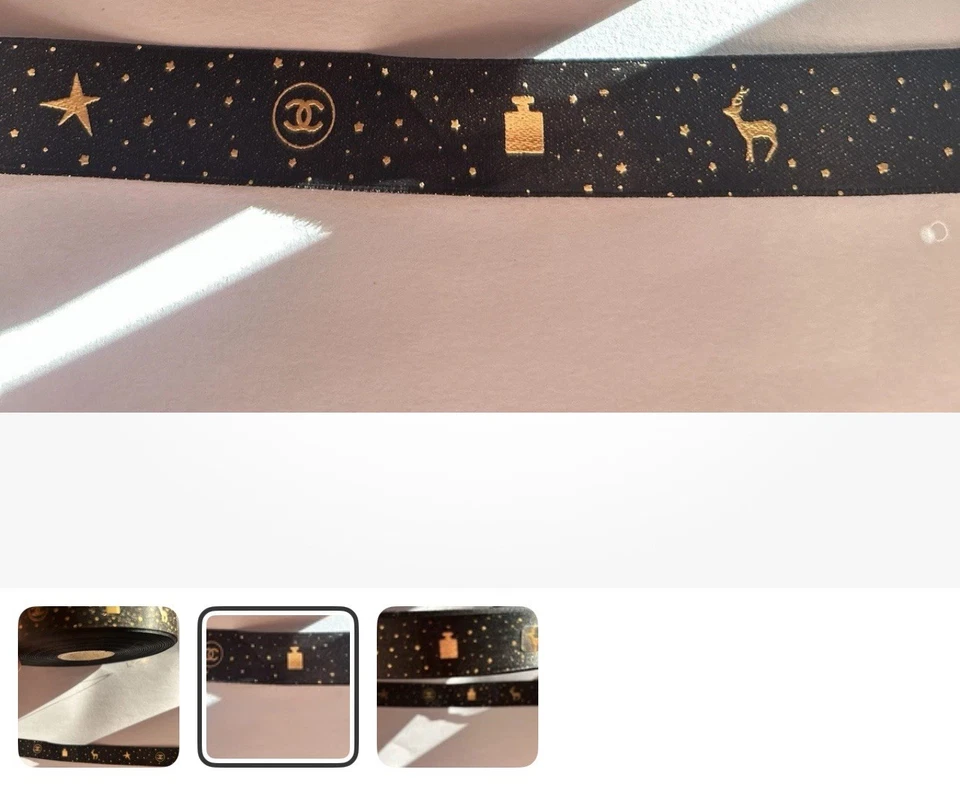 CHANEL XMAS RIBBON AUTH BLACK & GOLD SATIN 2.5cm WIDTH CUT TO LENGTH REQUIRED 1m - Image 2 of 3