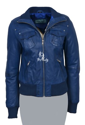 ATLANTIC Damen Echt Leder Bomberjacke Blau Kurz Slim Fit Freizeit Blouson