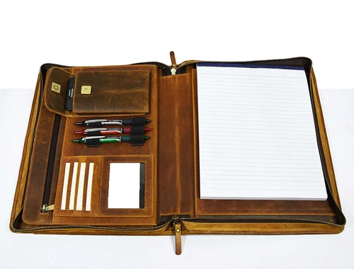 Portfolio Padfolio Buffalo Leather Business Organizer A4 Folder File Zipper Bags