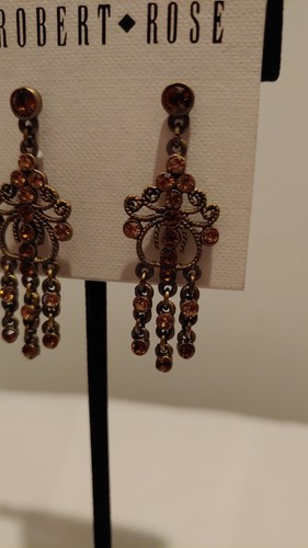 NEW Robert Rose Chandelier Pierced Earring Brown Rhinestones - Picture 7 of 10