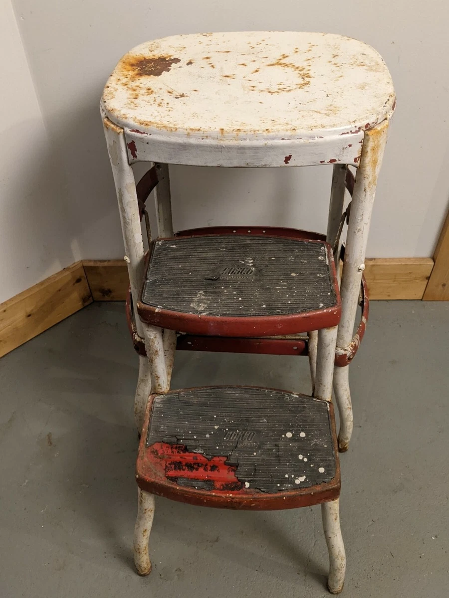 Vintage Cosco Red & White Kitchen Step Stool Ladder Seat w/ fold out Steps