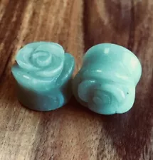 PAIR Green Adventurine Flower Stone Plugs Carved Rose Double Flare Guage Gauges