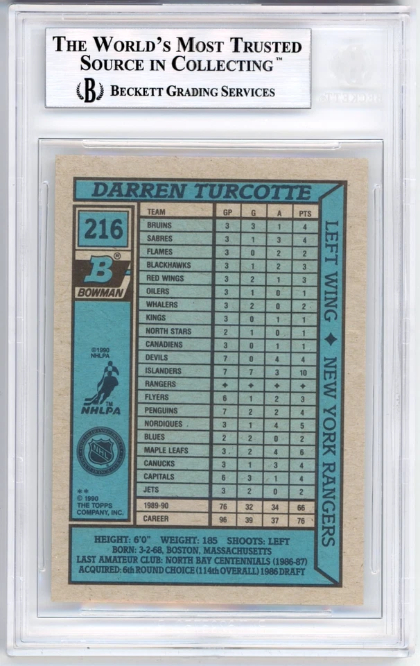 POP 1: Darren Turcotte RC BGS 9+: 1990-91 Bowman Rookie Card Gisto - Image 2 of 3