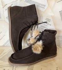 Free People Ankle Boots Pom Pom Suede Moc Lace Up Faux Fur Crepe Soul 9 NEW