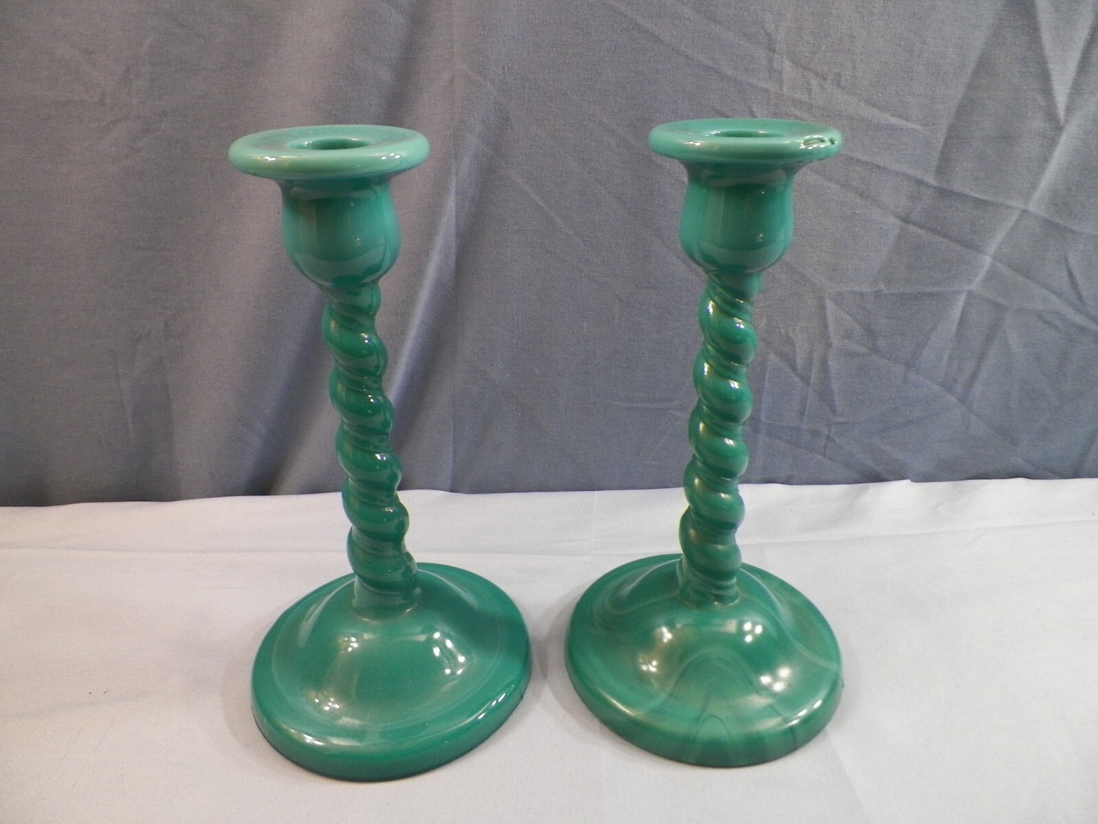 Pair Set of 2 Cambridge Jade Green Glass Twist Candlesticks