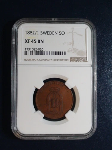 1882/1 SWEDEN FIVE ORE NGC XF45 BN OVERDATE 5O Coin PRICED TO SELL NOW!