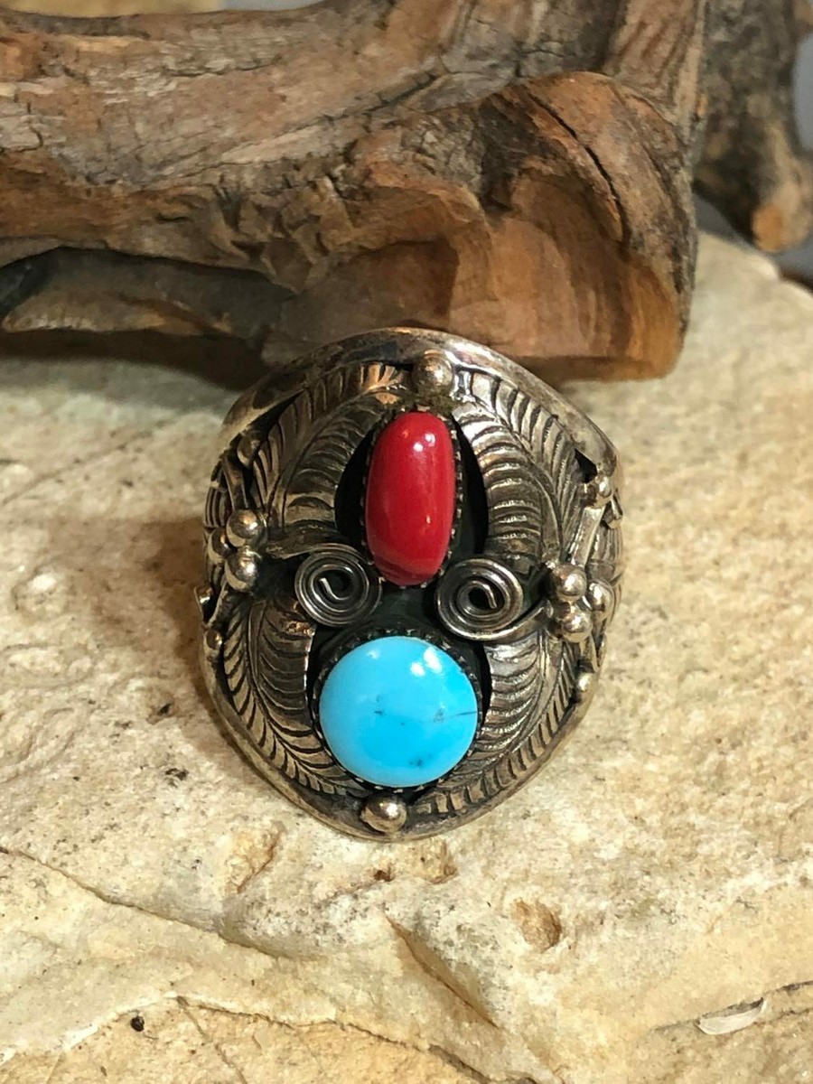 Important Vintage Native American Navajo Domed Coral 14k Gold Sterling Silver Earrings Old Important Vintage Native American Navajo Domed Coral 14k Gold Sterling Silver Earrings Old