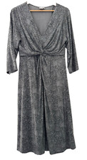 EAST.  GREY PRINT STRETCHY JERSEY MIDI DRESS.  SIZE MEDIUM
