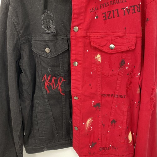 Kleep Street Wear Jeansjacke Paint Splatter Distressed Rot Schwarz Herren 3X - Bild 3 von 14