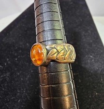 Vtg 925 Sterling Ring Sz 6" w/ Amber stone leaf thick band- READ- S18
