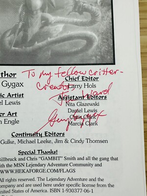 GARY GYGAX SIGNED TO JIM WARD BEASTS OF LEJEND CYCLOPEDIA OF CREATURES TSR D&D