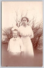 Mother & Cute Daughter White Sunday Dresses Hair Bow Outdoors Pose Postcard RPPC
