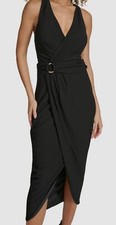 Siena Women's Black Lined V-Neck Sleeveless Faux-Wrap MIDI Dress Size 8