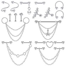 16Pcs Kit Steel Industrial Barbell CZ Chain Cartilage Earrings Piercing Stud 16g