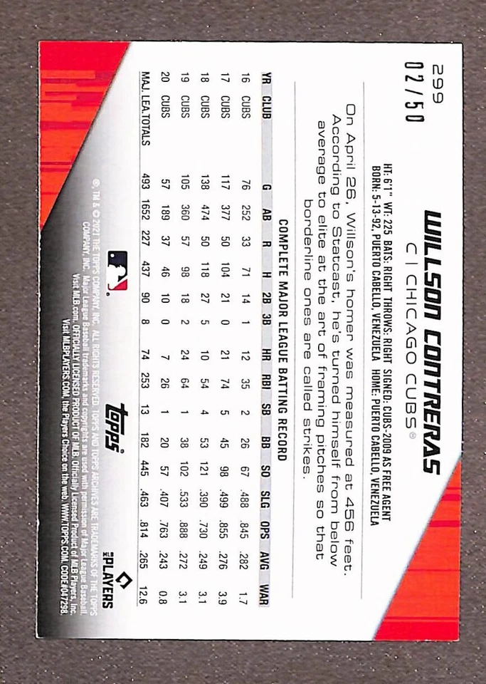2021 Topps Archives #299 Willson Contreras Red Hot Foil /50 - Image 2 of 3
