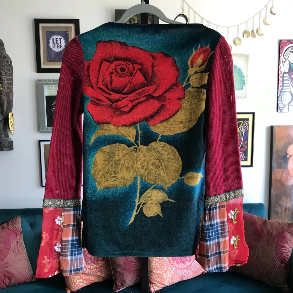 CUSTO BARCELONA размер S синий и красный бархат розы вышитые клетчатые рукава Топ - Изображение 4 из 4