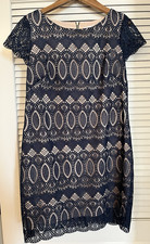 Eliza J Navy Blue Lace Overlay Midi Dress Cocktail Elegant 14P