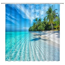 Ocean Beach Shower Curtain Coastal Tropical Leaves Palm Tree Hawaiian Seascap...
