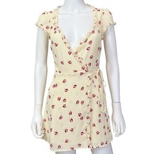 Reformation Wrap Dress Womens S Cream Red Floral Frayed Trim Viscose Short Sleev