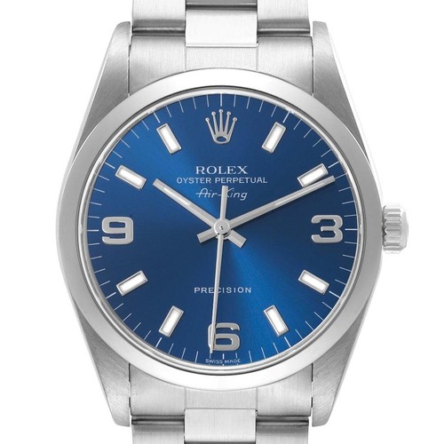 Rolex Air King 34 Steel Blue Dial Smooth Bezel Mens Watch 14000 Box Papers