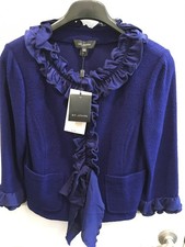 St John Blazer Blue Cobalt Sapphire Size 14 NWT Reg 1,395 Knit Ruffle Wool Blend