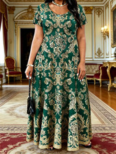 Plus Size Green Gold Baroque Scroll Stretch Dress Cruise Resort Ready 2XL–5XL