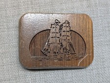 vintage 1970s belt buckle WOODEN engraved SAILBOAT western LASERCRAFT tall ship