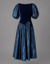 Vintage 80s Womens XS Blue Velvet Metallic Taffeta Prom Dress Bridesmaid Gown