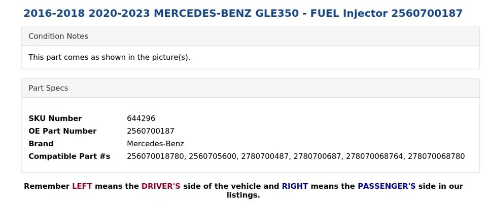 Mercedes-Benz GLE350 2016-2018 2020-2023 - Inyector de combustible 2560700187 Foto 3 de 3