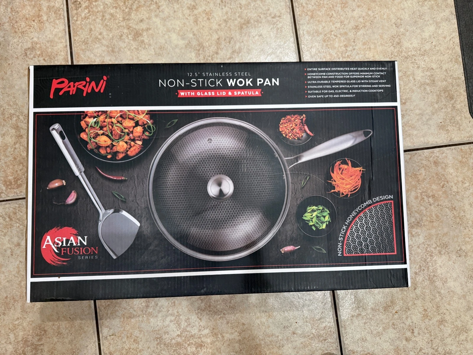 Parini 12.5" Stainless Steel Non-Stick WOK Pan W/Glass Lid & Spatula