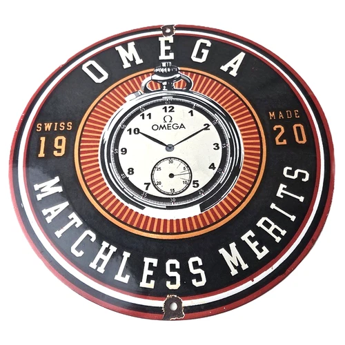 Vintage Omega Watches Sign - Matchless Merits Store Display Gas Porcelain Sign